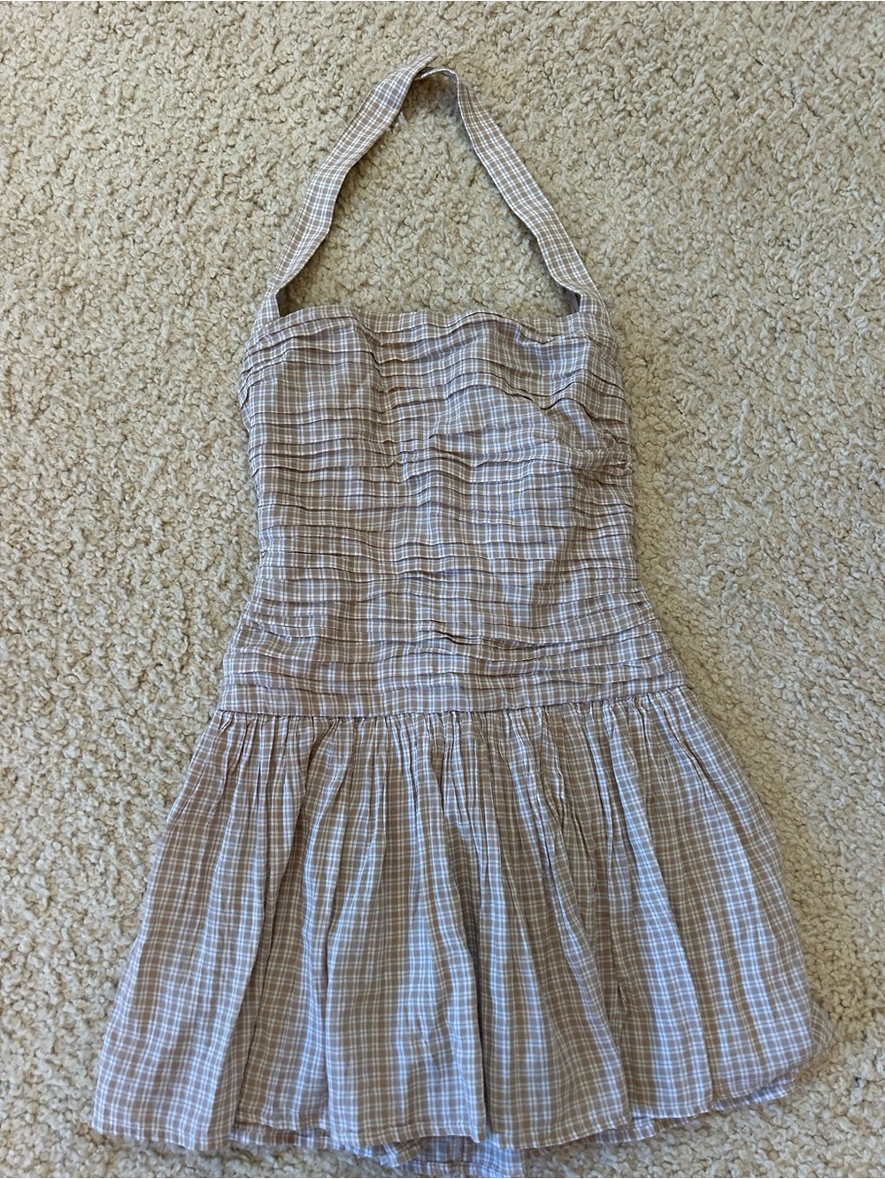 Ambercrombie & Fitch Plaid Halter Dress in Tan and Cream
